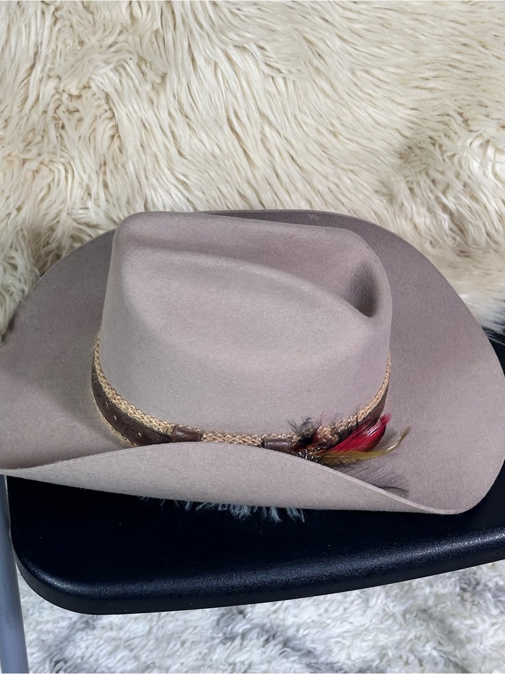Men's Taupe Felt Fedora Hat with Braided Band and Feather Accent 100% wool